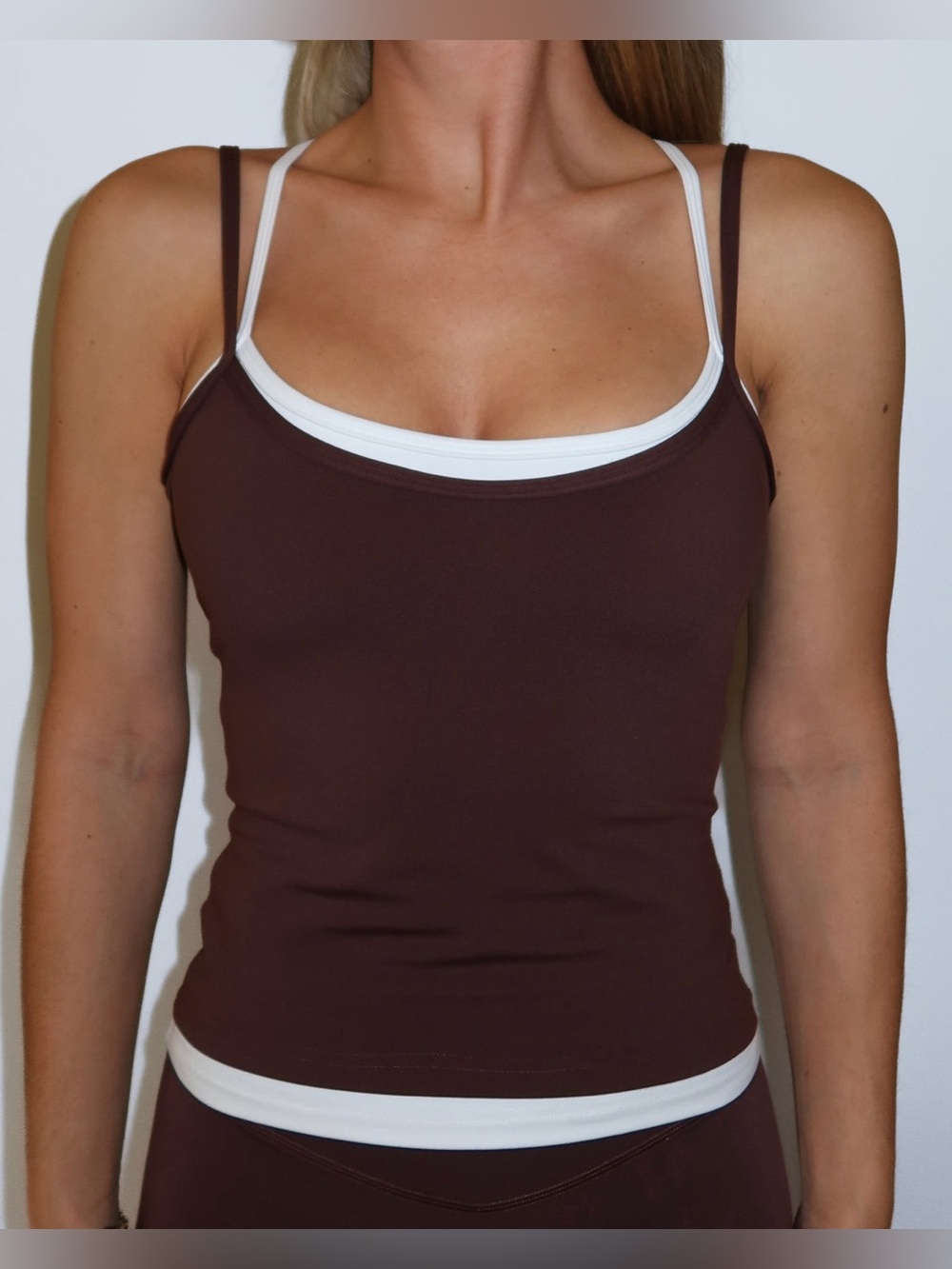 Liaison The Label Double Layer Sporty Tank in Mocha Brown and White Size Medium